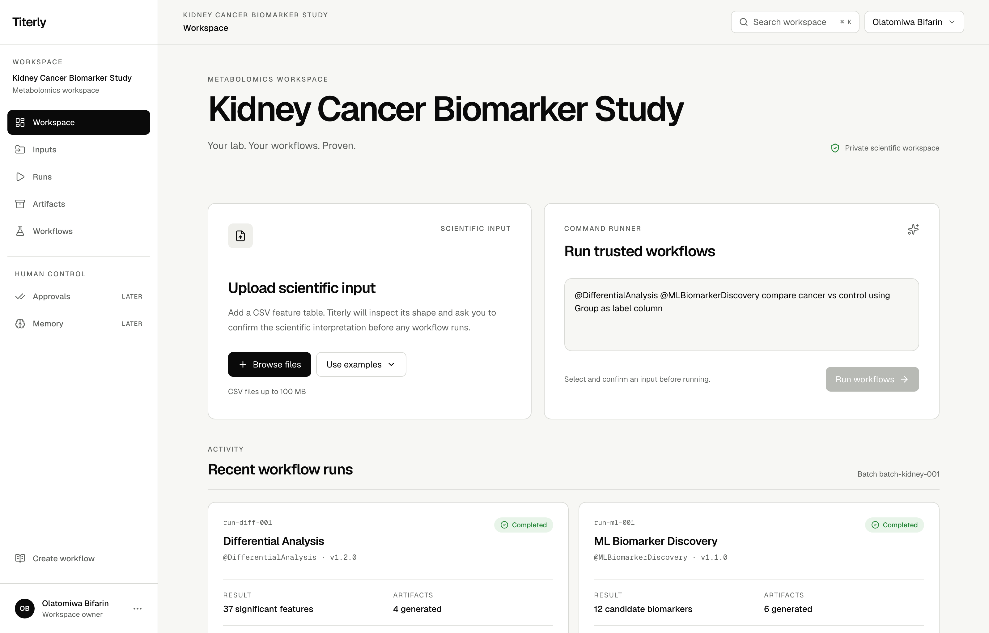 Titerly workspace showing scientific workflow runs